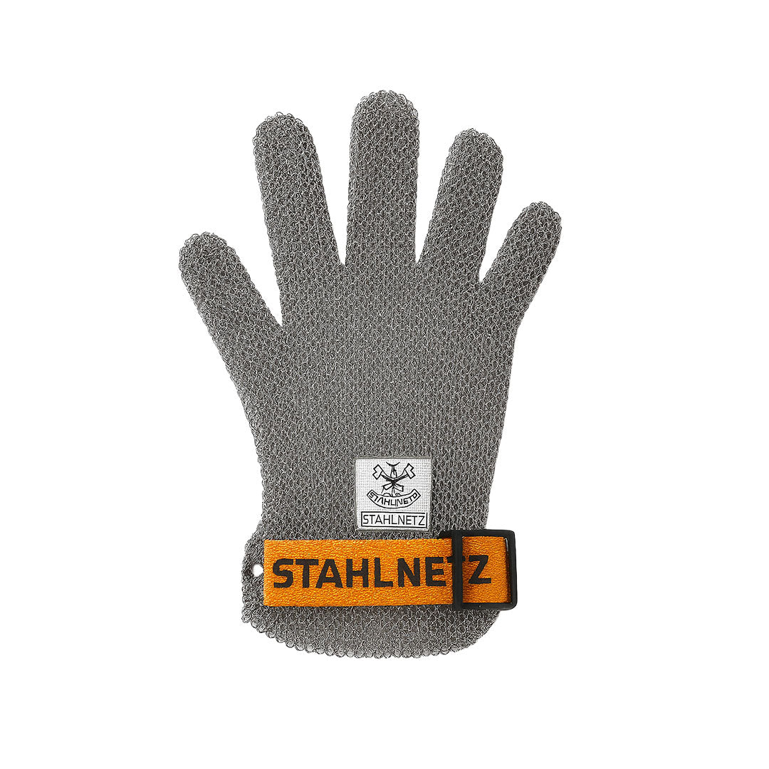 Schlachthausfreund X Large - Chain Mail Glove Left Hand (Orange Band At Wrist) – chain mail gloves